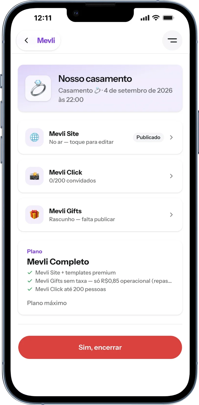 Evento com o site publicado no Mevli, aberto no celular